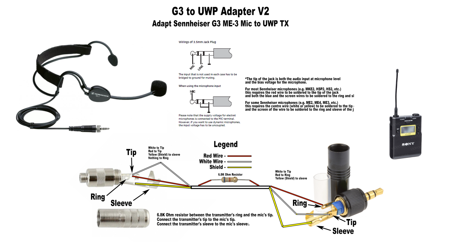 g3 to uwp adapter diagram. importantly, ring from the sony side is connected across a 6.8kohm resister to the tip on the ew side, the sony's tip goes straight to the ew tip, nothing on the ew ring, shield to shield.